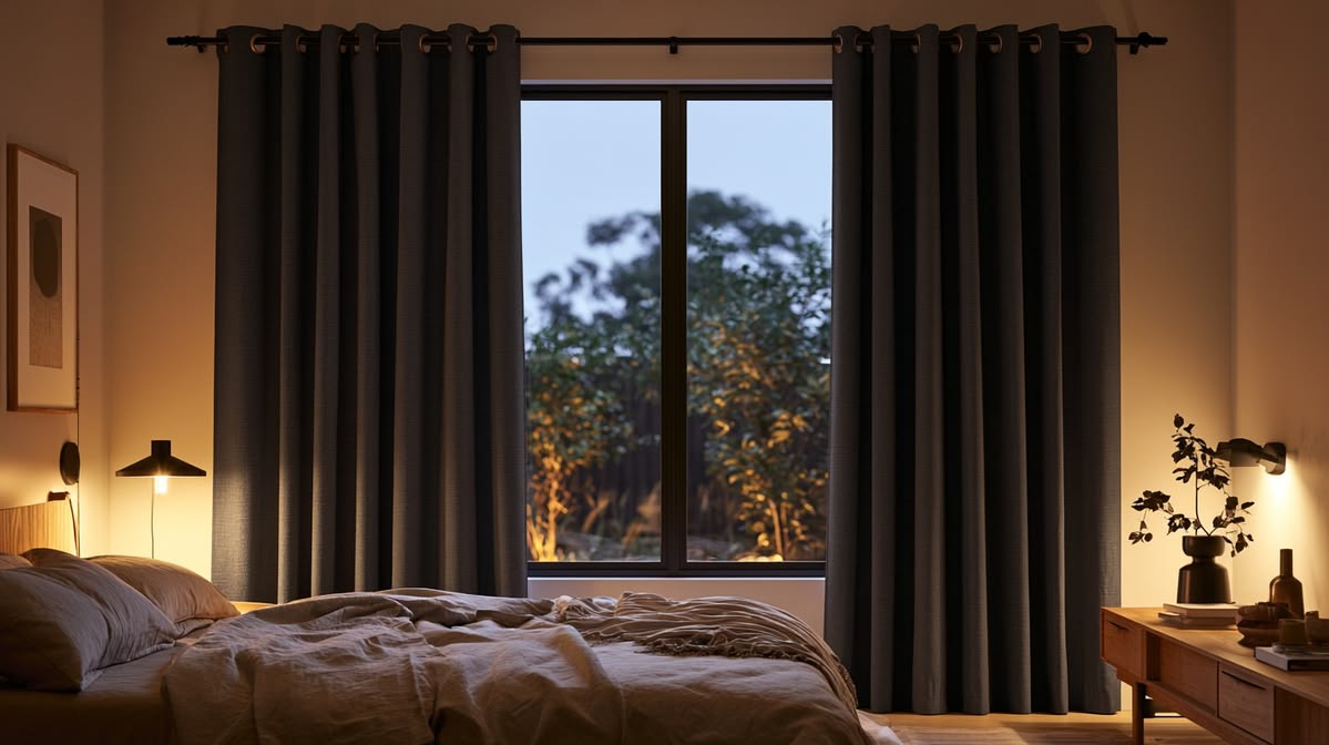 Custom made curtains in a Sydney bedroom helping manage sunlight, reduce heat transfer, and improve indoor insulation